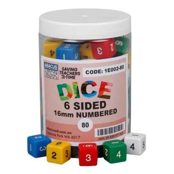 6-Sided Numbered Dice - 16mm (Jar of 80)