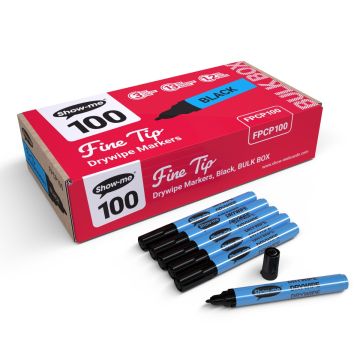 Show-Me Fine Tip Drywipe Markers - Black (Box of 100)